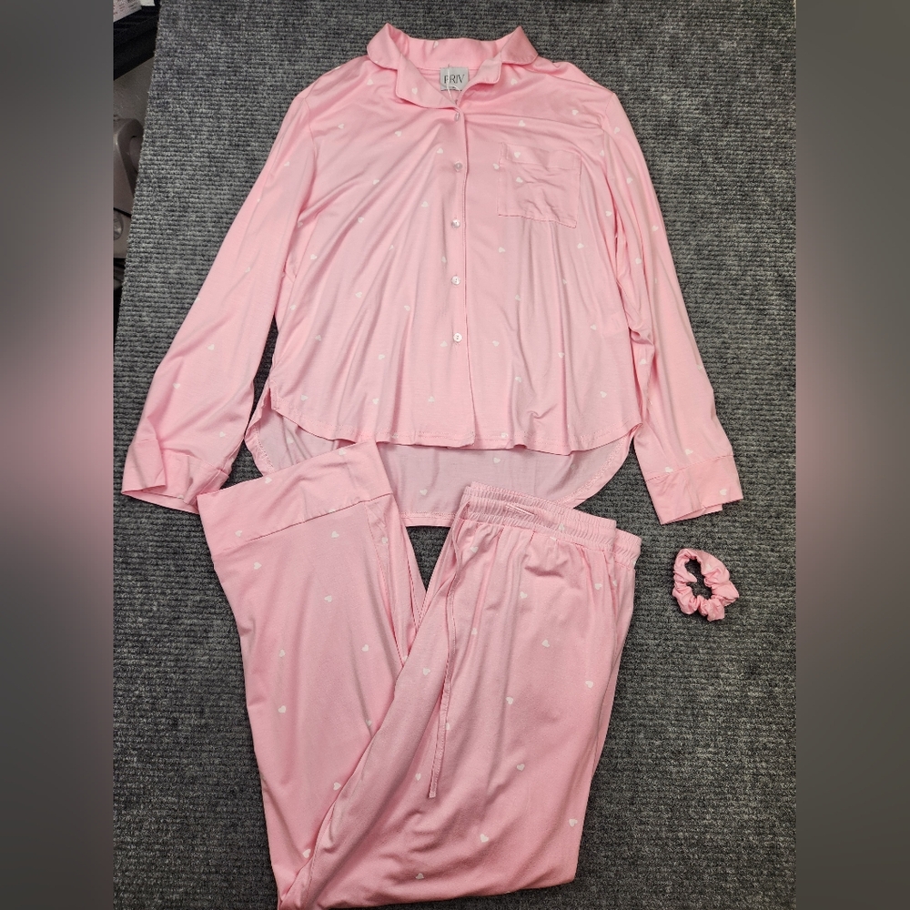 PRIV Collection Pink With Hearts Sleep/Lounge Set Button Down Scrunchie Size XL